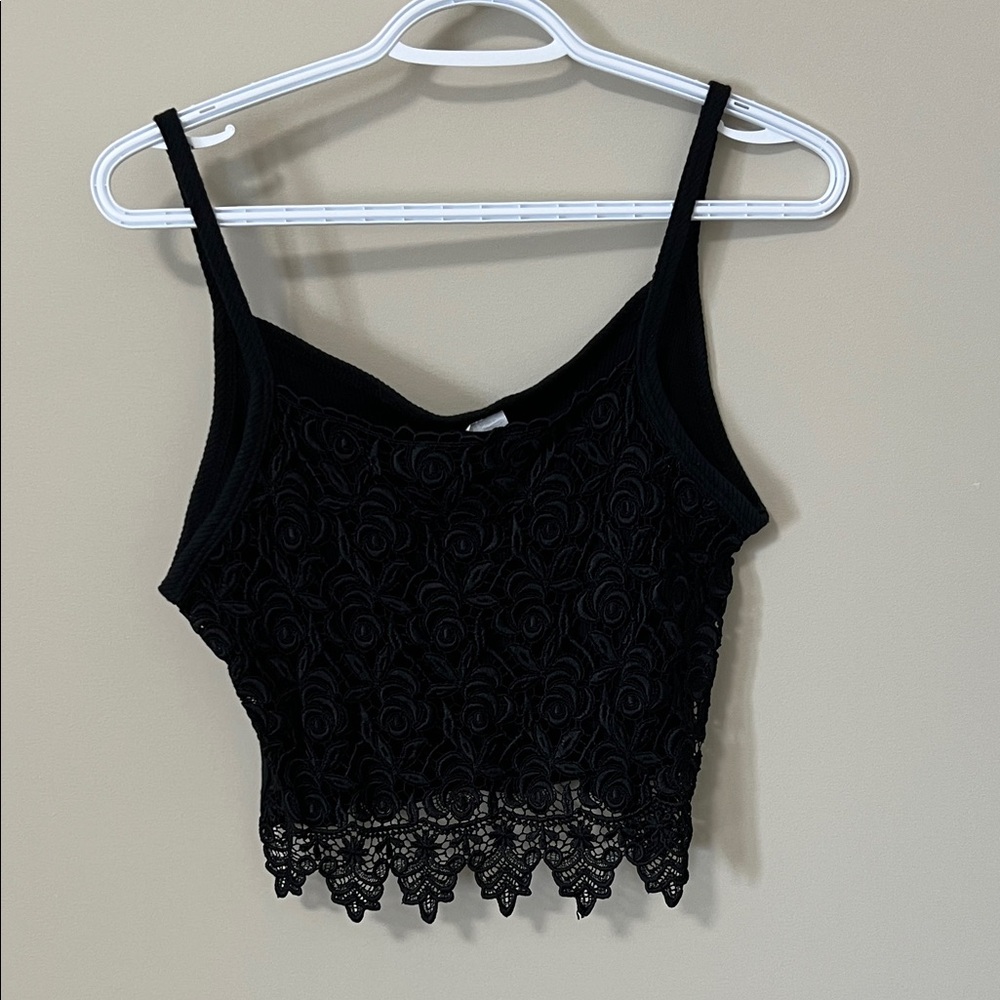 Vintage Y2K Black Rosette Lace Crop Top Scalloped Hem Cami Boho Grunge Size M